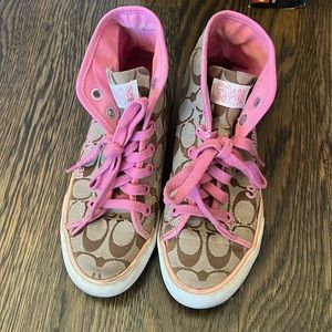 Coach Poppy Chan high top signature shoes in pink and brown
